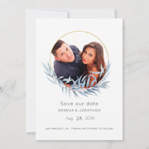 Save The Date Mariage Eucalyptus géométrique bleu et or