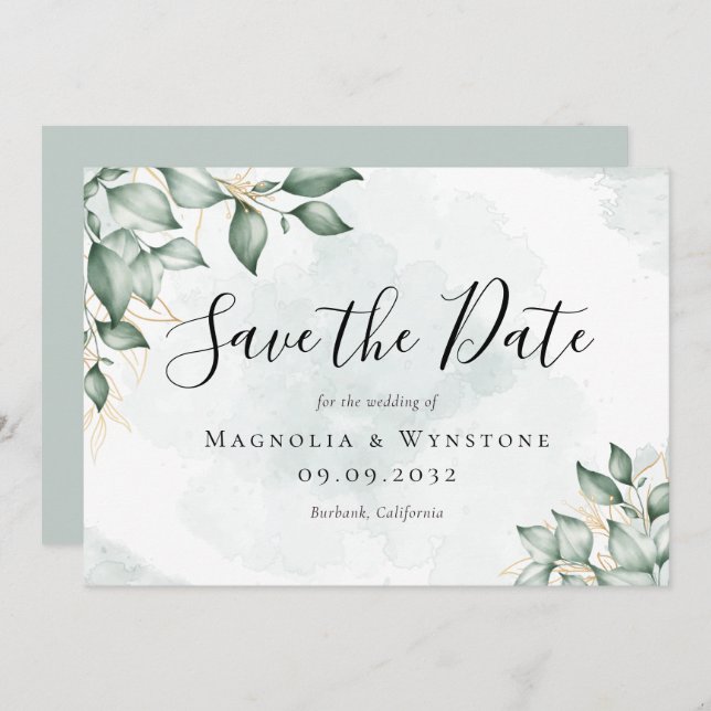 Save The Date Mariage Eucalyptus Green Watercolor (Devant / Derrière)