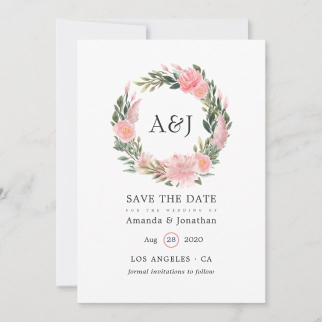 Save The Date Mariage exotique tropical flamant rose monogramme (Devant)