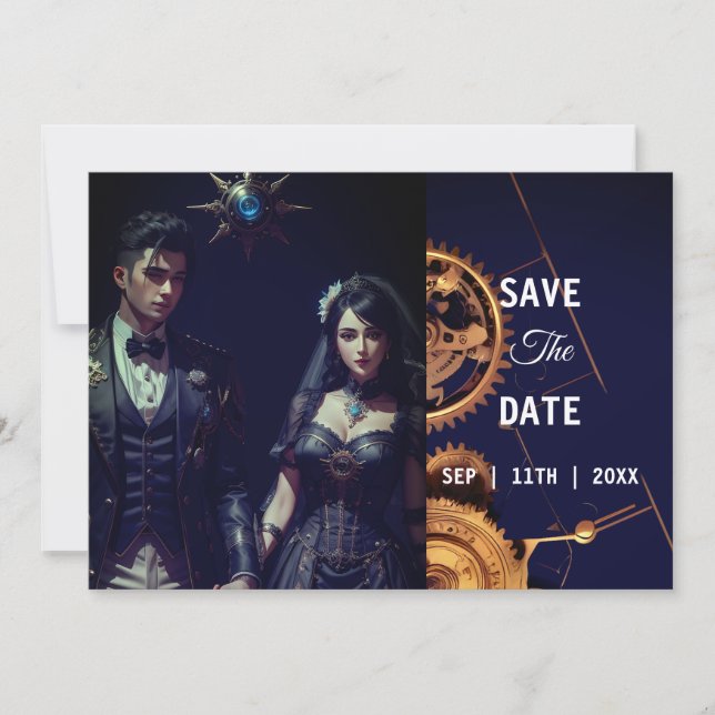 Save The Date Mariage extravagant steampunk à l'ancienne horloge (Devant)