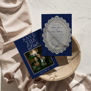 Save The Date Mariage Fantaisie en Dentelle Bleu Marine Vintage