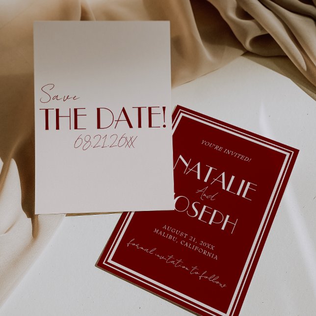 Save The Date Mariage Fantaisiste Élégant Rouge Profond Ivoire A (Créateur téléchargé)