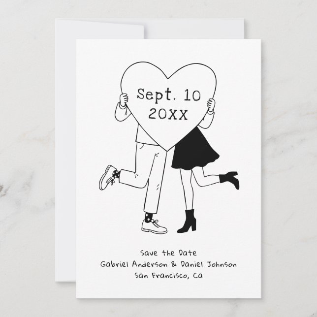 Save The Date Mariage Fantaisiste Noir & Blanc. Dessin à Main Gr (Devant)