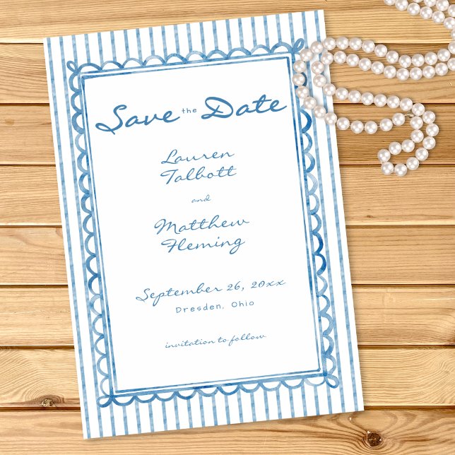 Save The Date Mariage Fantaisiste Rayure Aquarelle Bleu Blanc (Whimsical Blue White Watercolor Stripe Wedding Save The Date)