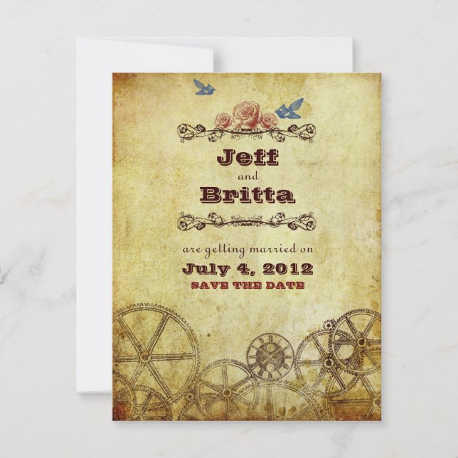 Save The Date Mariage Faux Antique Or Steampunk Victorien (Devant)