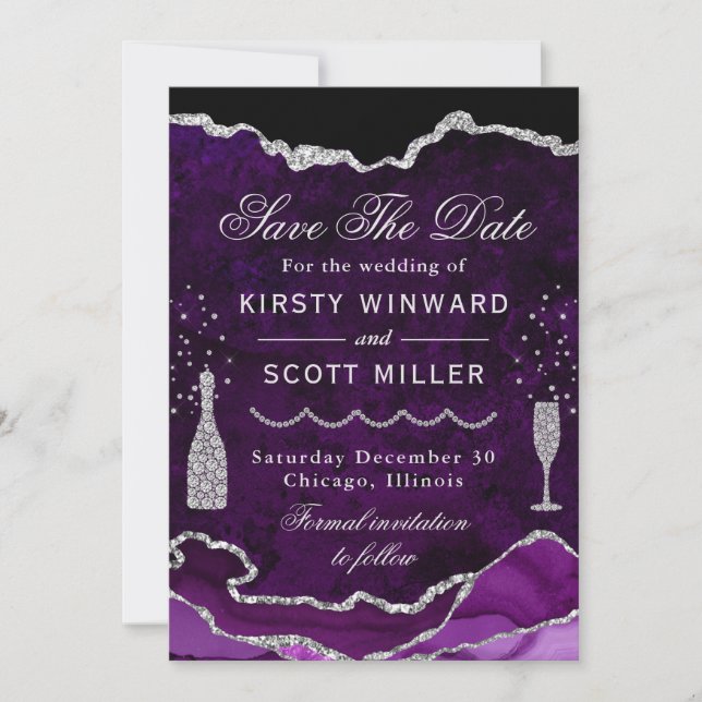 Save The Date Mariage Faux Paillettes Marbre Agate Violet & Arge (Devant)