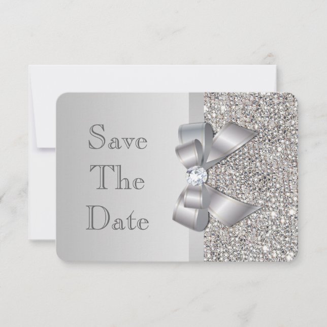 Save The Date Mariage Faux Séquins Argent Bow Enregistrer La Dat (Devant)
