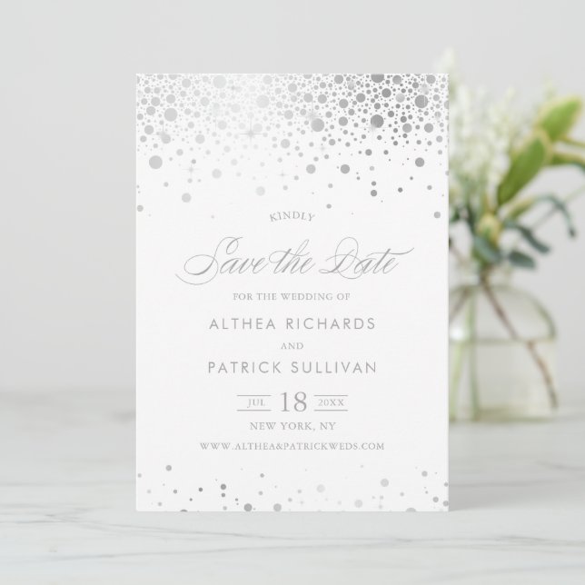 Save The Date Mariage Faux Silver Foil Confetti Dots (Debout devant)