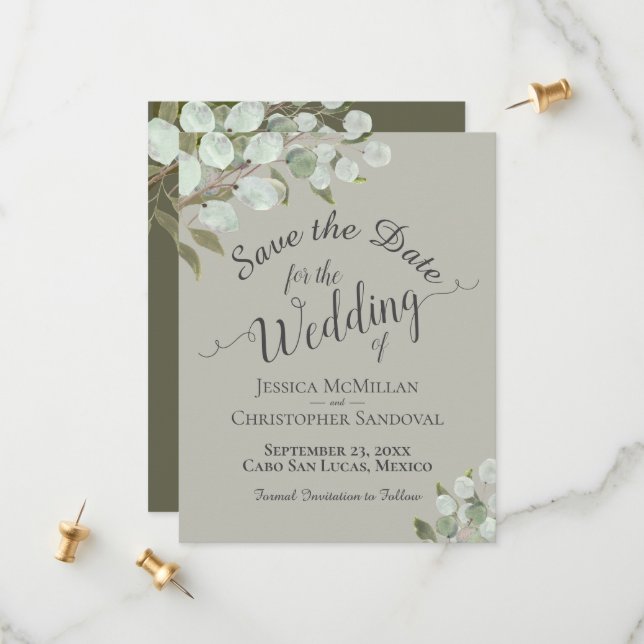Save The Date Mariage Feuille de  d'Eucalyptus Russe (Devant/Arrière en situation)
