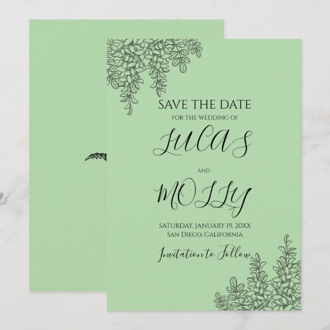 Save The Date Mariage Feuille de Fougère Vert Sauge (Devant / Derrière)
