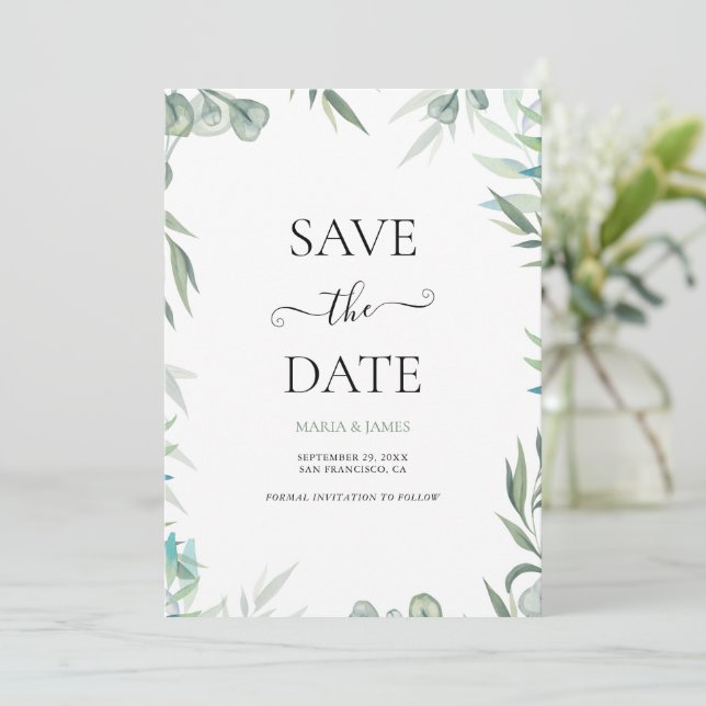 Save The Date Mariage Feuille de l'Eucalyptus (Debout devant)