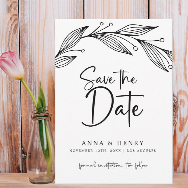Save The Date Mariage Feuille moderne Black & White Eucalyptus (Créateur téléchargé)