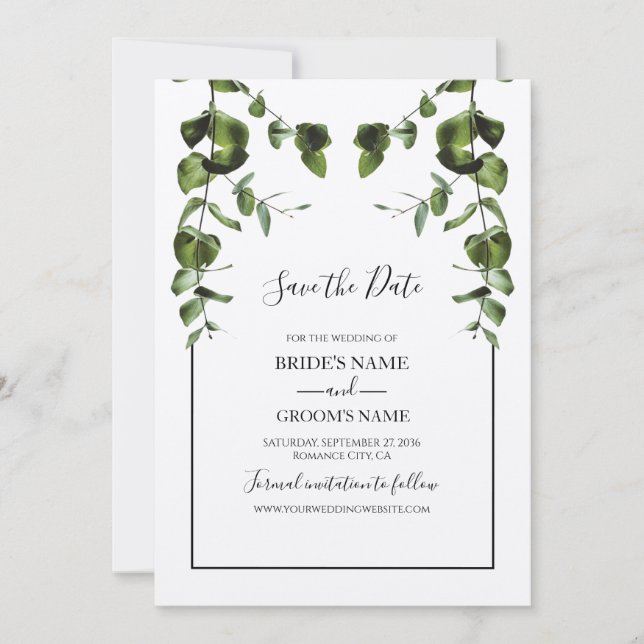 Save The Date Mariage Feuille rustique Eucalyptus (Devant)