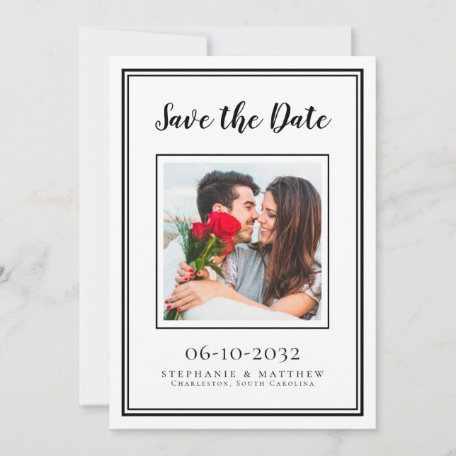 Save The Date Mariage Fiançailles Couple Photo moderne Blanc Noi (Devant)