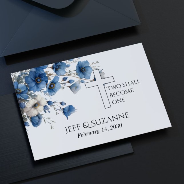 Save The Date Mariage Fleur Bleu Croix Deux En Un  (Blue Floral Cross Two Become One Wedding Save The Date
)