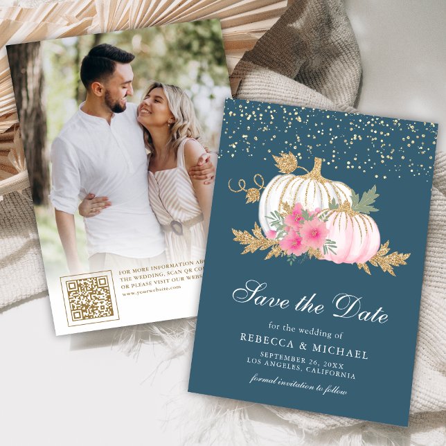 Save The Date Mariage Fleur de Citrouille Blanche Bleu Poussiére (Créateur téléchargé)