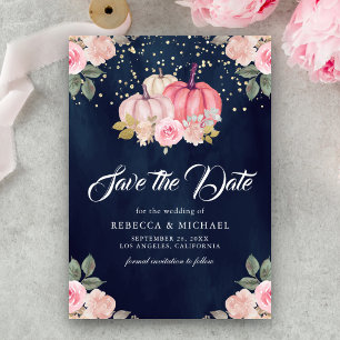 Save The Date Mariage Fleur de Citrouille d'Or Rose Bleu Nuit