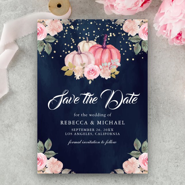 Save The Date Mariage Fleur de Citrouille d'Or Rose Bleu Nuit (Créateur téléchargé)