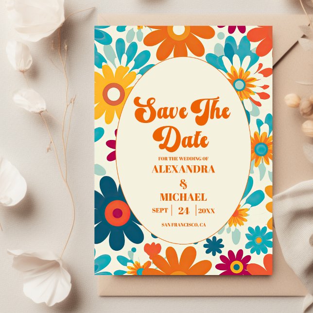 Save The Date Mariage Fleur de Daisy Rétro Moderne des Années 70 (Créateur téléchargé)