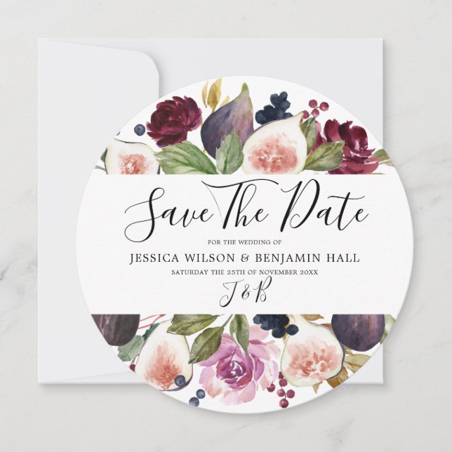 Save The Date Mariage Fleur de Figuier Floral Bourgogne Aquarell (Devant)