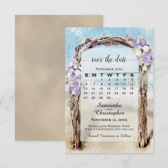 Save The Date Mariage Fleur de Lavande Plage et Arbre & Calendri (Devant / Derrière)
