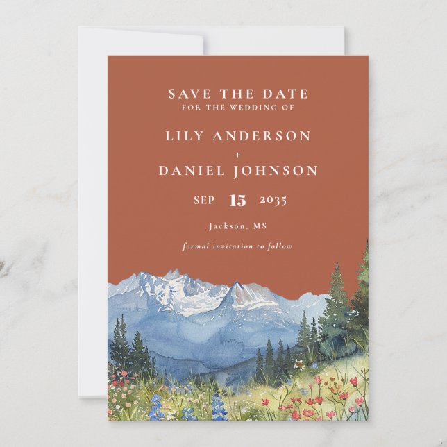 Save The Date Mariage Fleur de Montagne Aquarelle Terracotta (Devant)