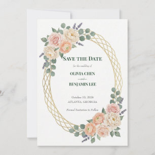 Save The Date Mariage Fleur de Pêcher et Treillis Doré