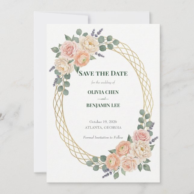 Save The Date Mariage Fleur de Pêcher et Treillis Doré (Devant)