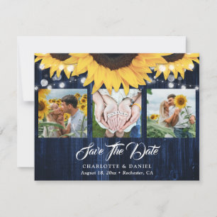 Save The Date Mariage Fleur de Tournesol en Dentelle Bleu Marine