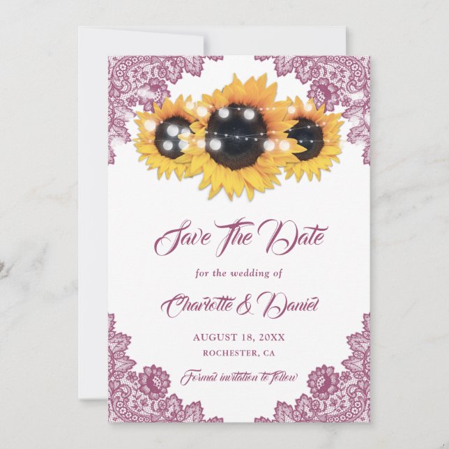 Save The Date Mariage Fleur de Tournesol Rose Broderie Florale R (Devant)