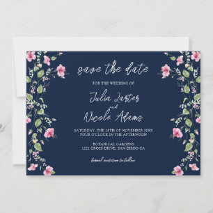 Save The Date Mariage Fleur d'Hibiscus Rose Bleu Navy Poussiéreu