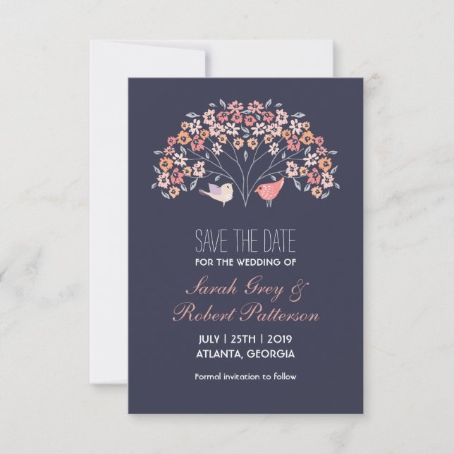 Save The Date Mariage Fleur Inséparables Bleu Marine Enregistrer (Devant)