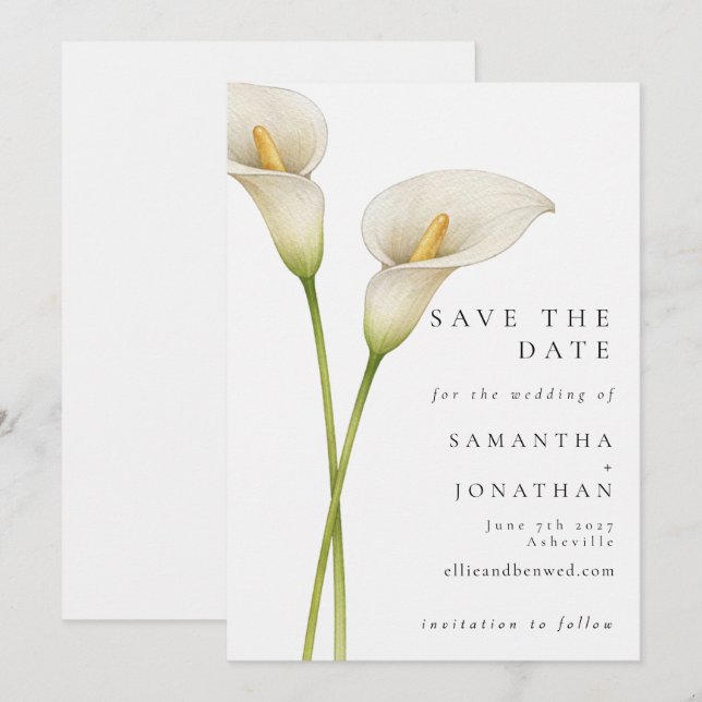 Save The Date Mariage Fleur Moderne de Lys Calla Blanc  (Devant / Derrière)