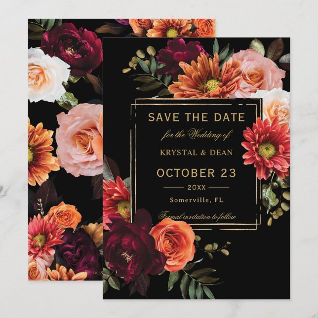 Save The Date Mariage Fleur Orange Bourguignon Noir Humeur Sombr (Devant / Derrière)