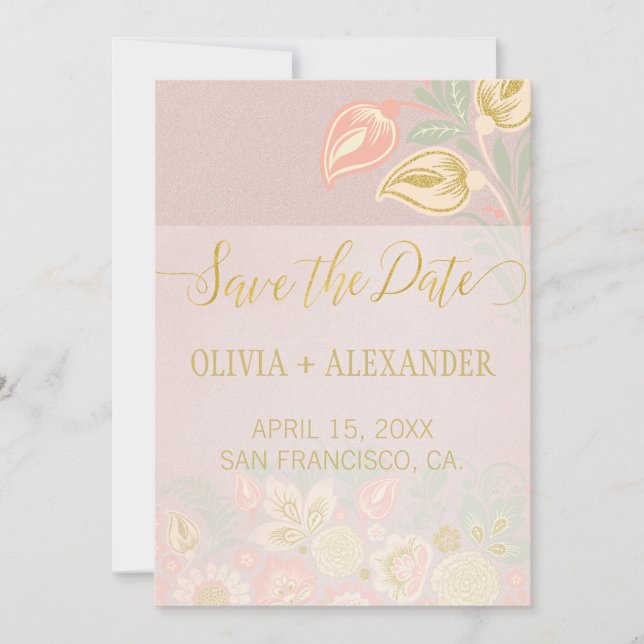 Save The Date Mariage Fleur Pastel Or Rose Tendre Florale Printe (Devant)