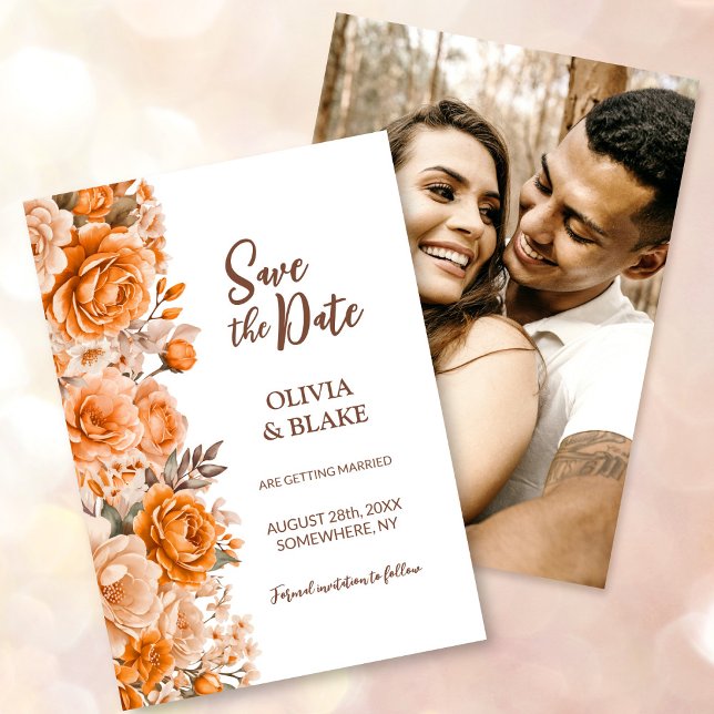 Save The Date Mariage Fleur Rose Orange Photo Personnalisé (Créateur téléchargé)