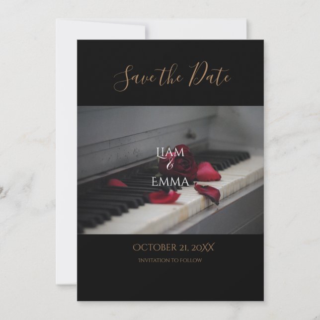 Save The Date Mariage Fleur Rose Rouge Piano Personnalisé (Devant)