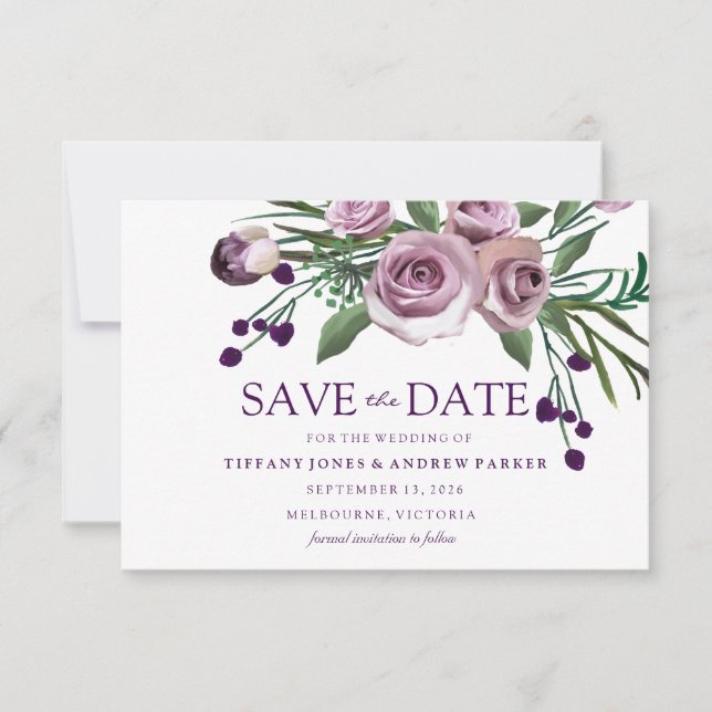 Save The Date Mariage Fleur Rose Violette Élégant (Devant)