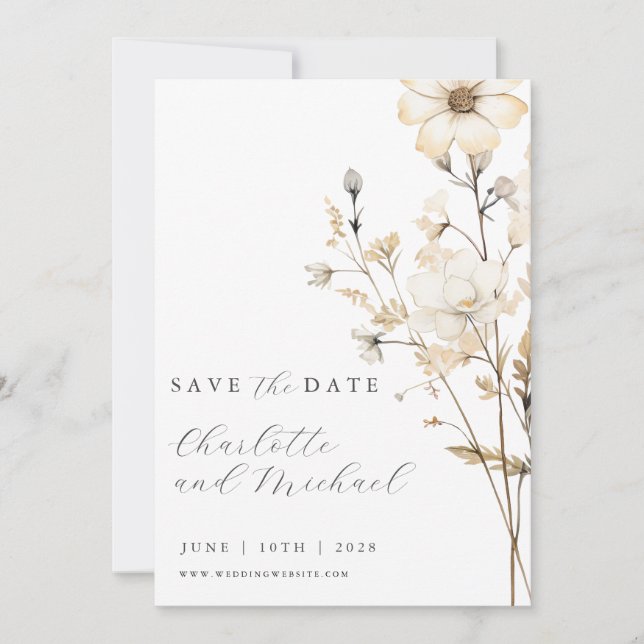 Save The Date Mariage Fleur sauvage Boho | Ivoire (Devant)