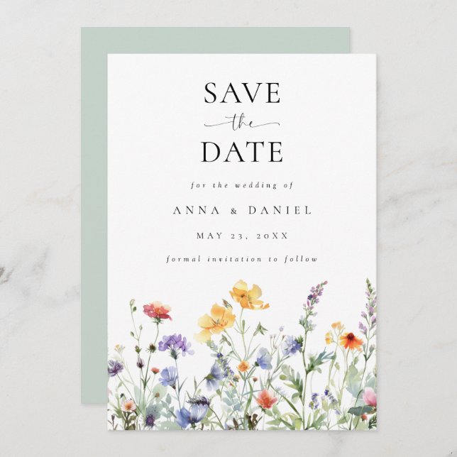 Save The Date Mariage Fleur sauvage d'aquarelle dynamique (Devant / Derrière)