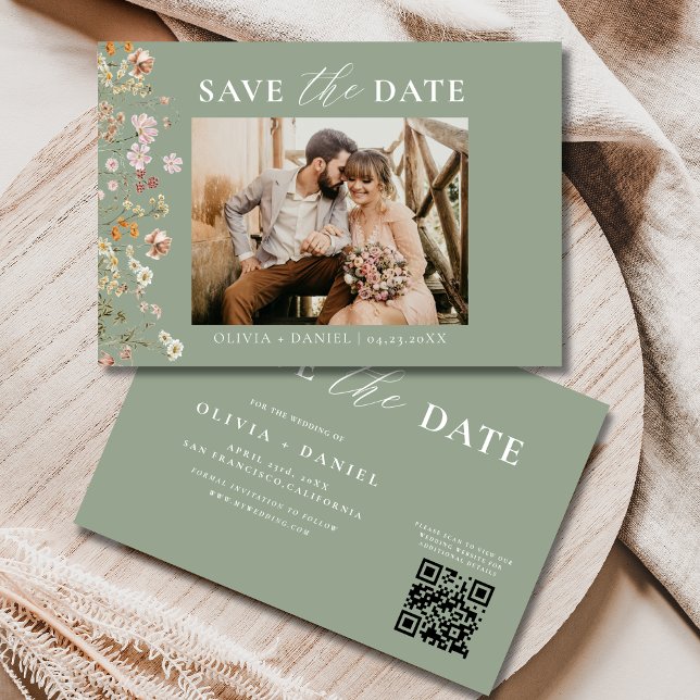 Save The Date Mariage Fleur sauvage de code QR Sage Green (Créateur téléchargé)