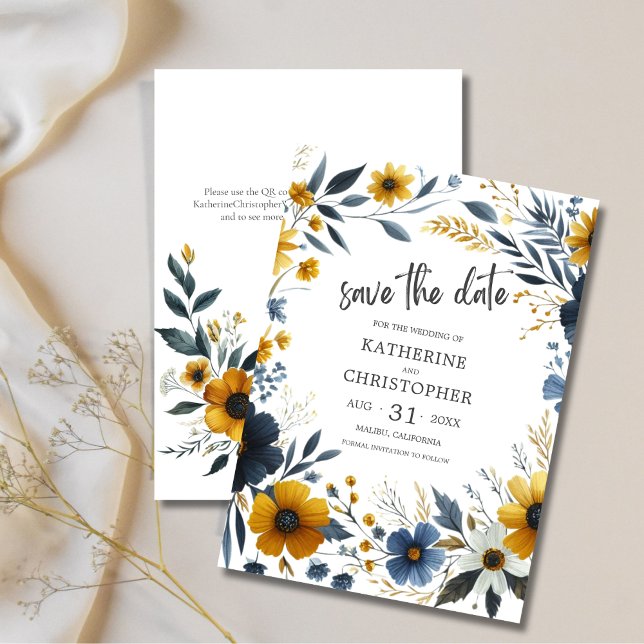 Save The Date Mariage Fleur sauvage élégant bleu jaune (Blue Yellow Wildflowers Save the Date with QR Code for wedding website.)