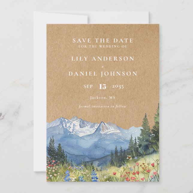 Save The Date Mariage Fleur sauvage Rustique Watercolor Mountain (Devant)