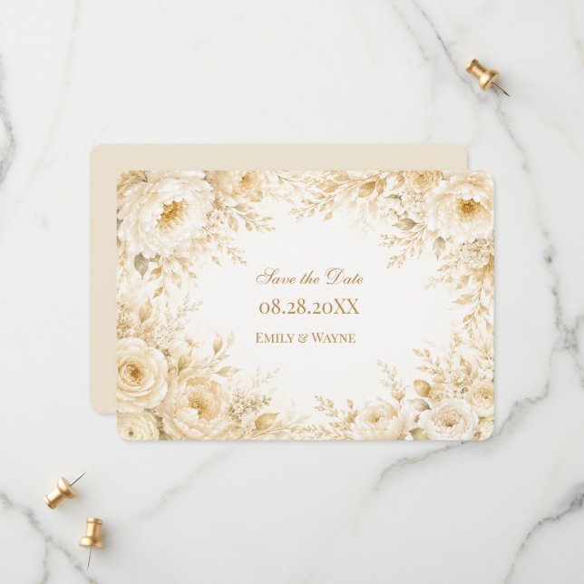 Save The Date Mariage Fleurale Perle Champagne Ivoire (Devant/Arrière en situation)