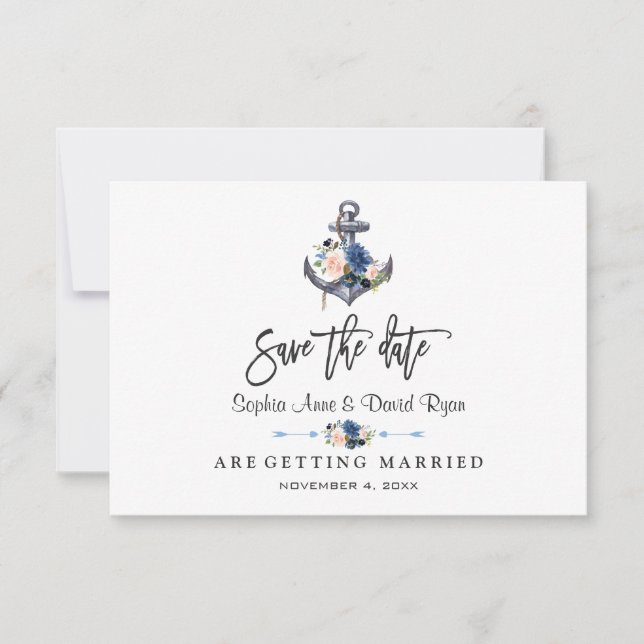 Save The Date Mariage Fleurie Ancre Rose Nautical Bleu (Devant)
