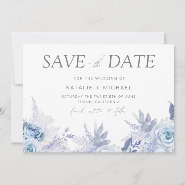 Save The Date Mariage Fleurie Bleu Ciel Poussiéreux (Devant)