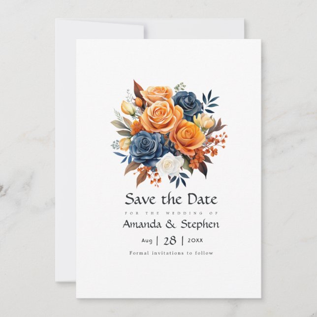 Save The Date Mariage Fleurie Bleu Marine et Orange (Devant)