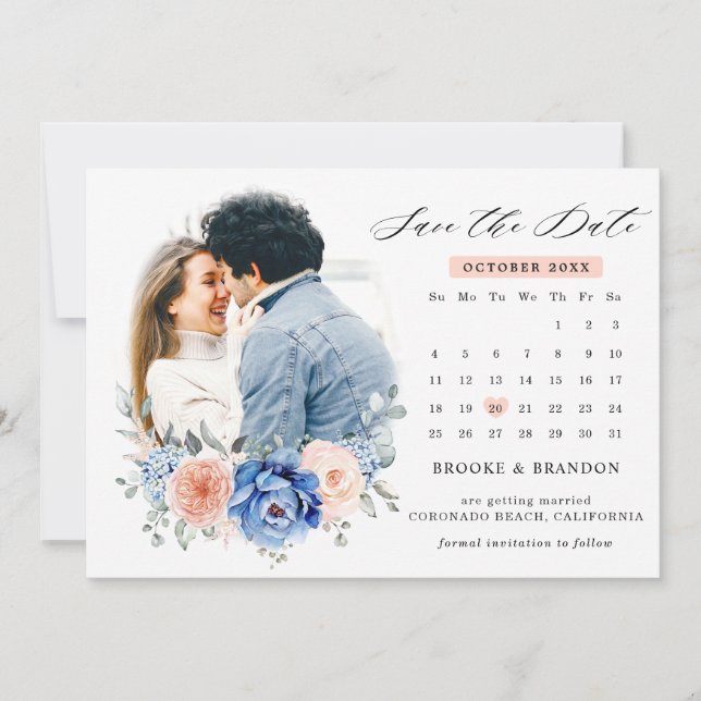 Save The Date Mariage Fleurie Bleu Nuit Ardoise Blush Poussiéreu (Devant)