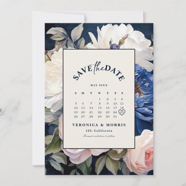 Save The Date Mariage Fleurie Bleu Nuit et Rose Poussiéreux (Devant)