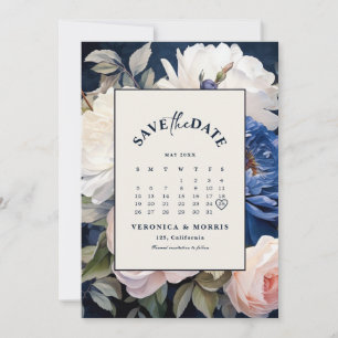 Save The Date Mariage Fleurie Bleu Nuit et Rose Poussiéreux